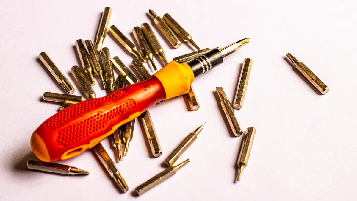 Screwdriver lying among many loose bits